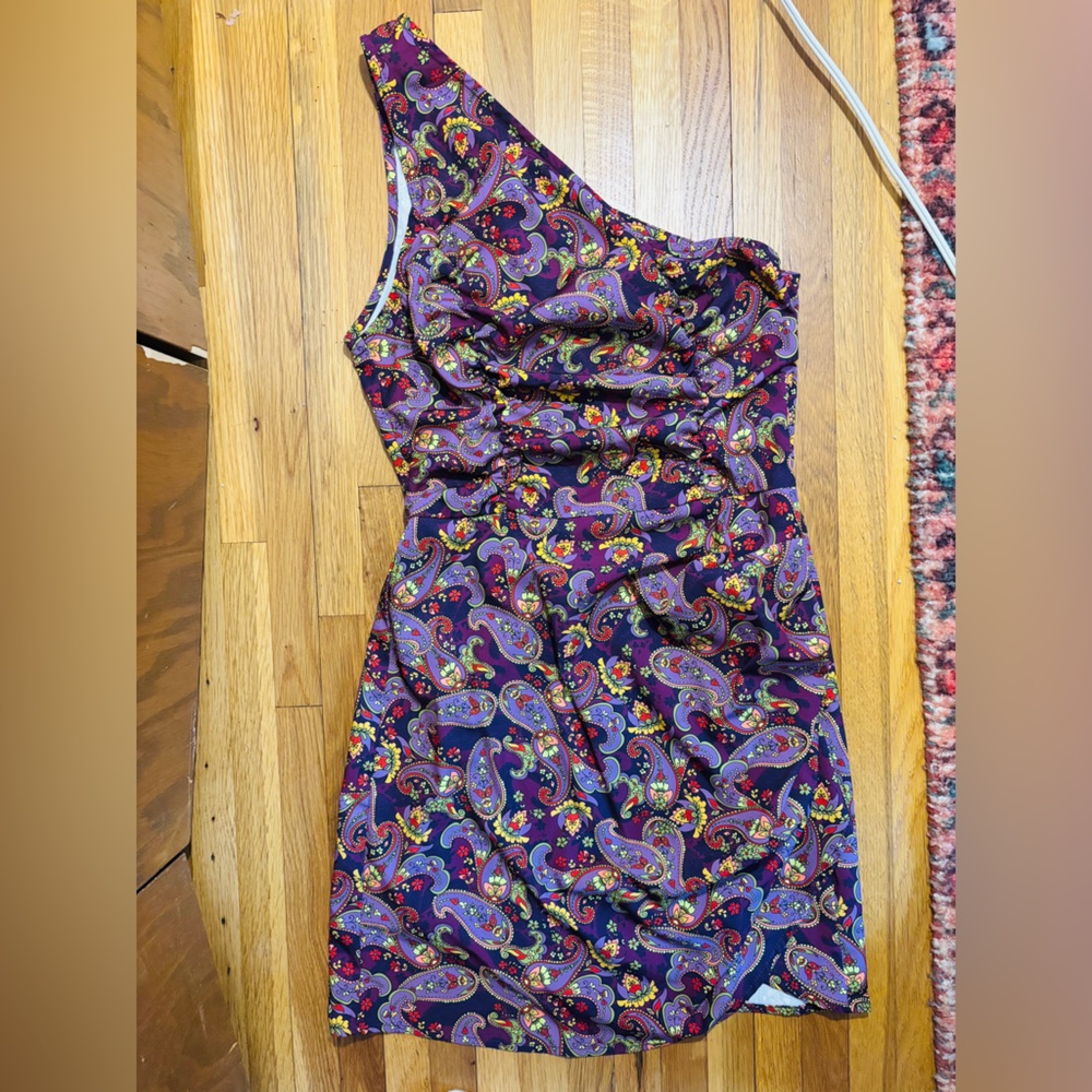 CIDER one shoulder purple paisley mini dress